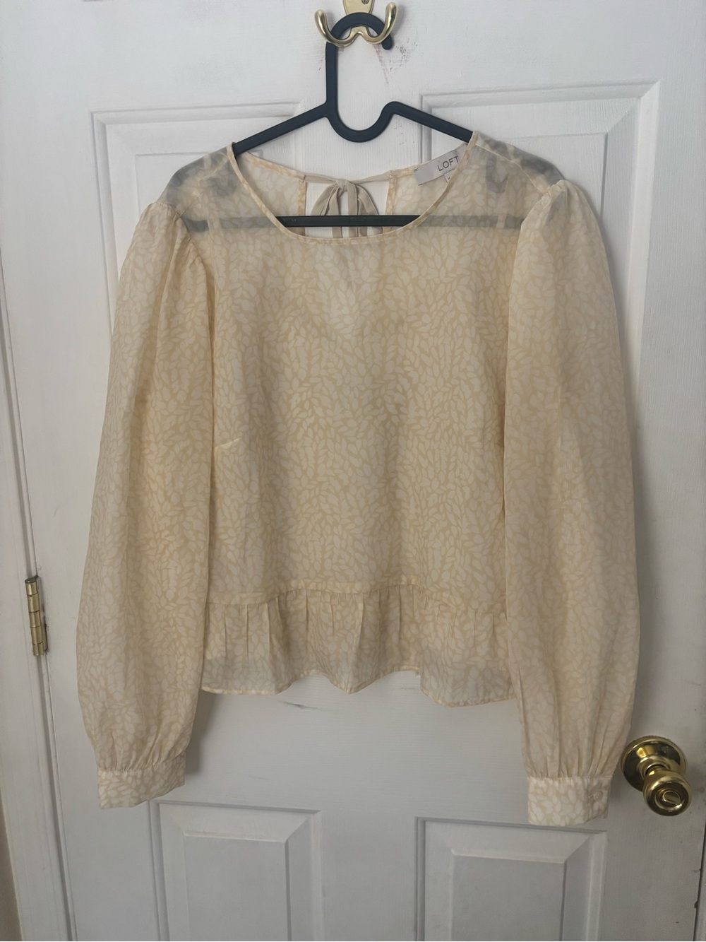 LOFT Cream Sheer Peplum Tie-Back Blouse